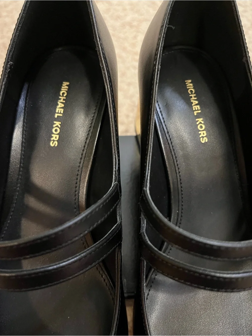 NWT Michael Kors Black Double-Strap Mary Jane Block Gold Metallic Heel Size 7